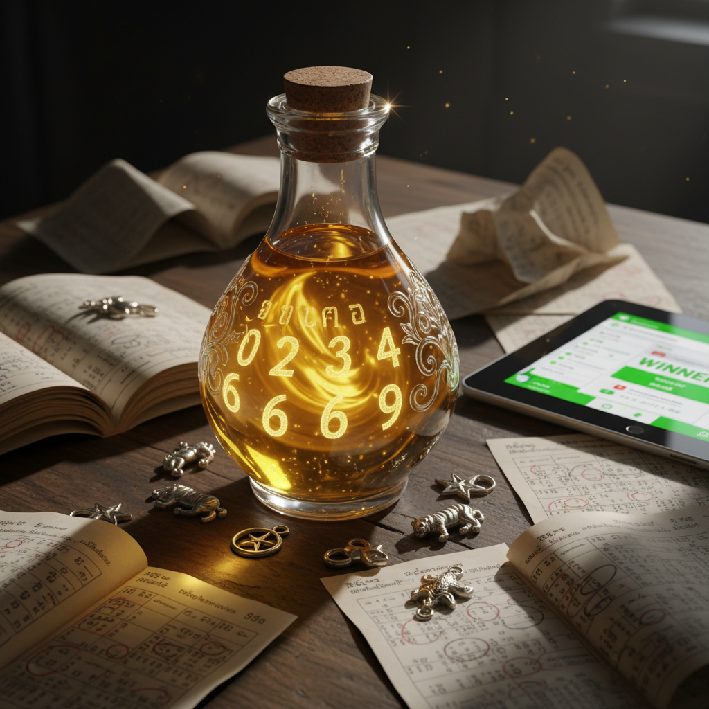 An ornate, oversized glass bottle shaped like a traditional potion vial, filled with shimmering golden liquid forming swirling Thai numerals, positioned on an antique wooden desk scattered with open lottery result sheets and a digital tablet showing a modern lottery checker interface. Around the bottle, tiny metallic charms of zodiac animals and stars glint under focused side lighting, creating sparkling highlights and dramatic but soft shadows. Captured from a slightly elevated angle, the composition follows the rule of thirds, with the bottle as the clear focal point. The atmosphere is playful and mystical, blending old-world astrology with modern luck in a highly realistic photographic style, with rich textures in glass, paper, and wood clearly defined.
