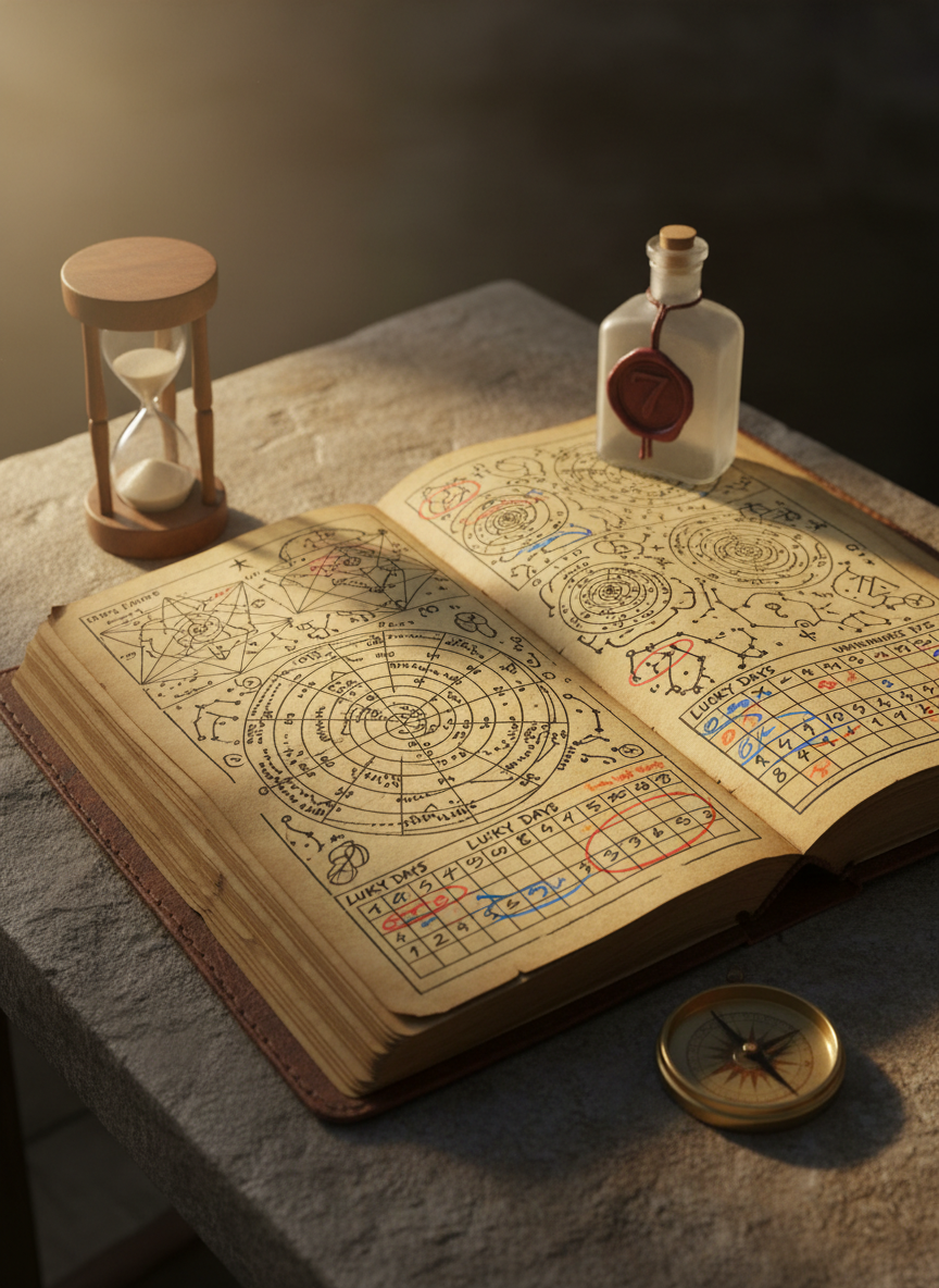 A weathered, leather-bound astrology and lottery grimoire lying open on a stone tabletop, its pages filled with hand-drawn star maps, colorful highlighted numbers, and annotated lucky-day tables. Next to it, a small sand-filled hourglass, a brass compass, and a frosted glass bottle with a wax seal bearing a stylized number symbol complete the scene. A single beam of soft morning sunlight enters from the side, illuminating the central pages and creating fine shadows from the compass needle and bottle neck, while the rest of the table falls into gentle darkness. Photographed at a three-quarter angle with medium depth of field, the textures of paper fibers, leather cracks, and etched metal are hyper-realistic. The mood is contemplative, arcane, and slightly adventurous, blending lottery fascination with ancient horoscopic wisdom.