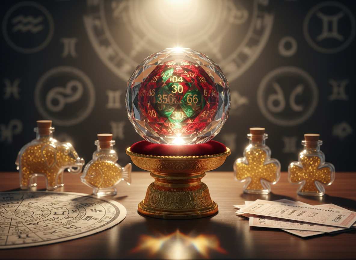 A gleaming crystal lottery ball resting on a velvet-lined golden pedestal, each facet sharply reflecting vibrant colors of red, green, and gold numbers swirling inside. It sits at the center of a polished dark-wood altar table covered with intricate Thai-inspired astrological charts, folded lottery tickets, and small glass bottles shaped like lucky charms. Soft warm studio lighting from above creates a halo-like glow around the ball, casting gentle, playful reflections across the table surface. Shot at eye level with a shallow depth of field, the background becomes a soft bokeh of blurred zodiac symbols and mystical diagrams. The mood is magical yet inviting, with photographic realism and vivid colors that echo the excitement and anticipation of checking winning numbers.