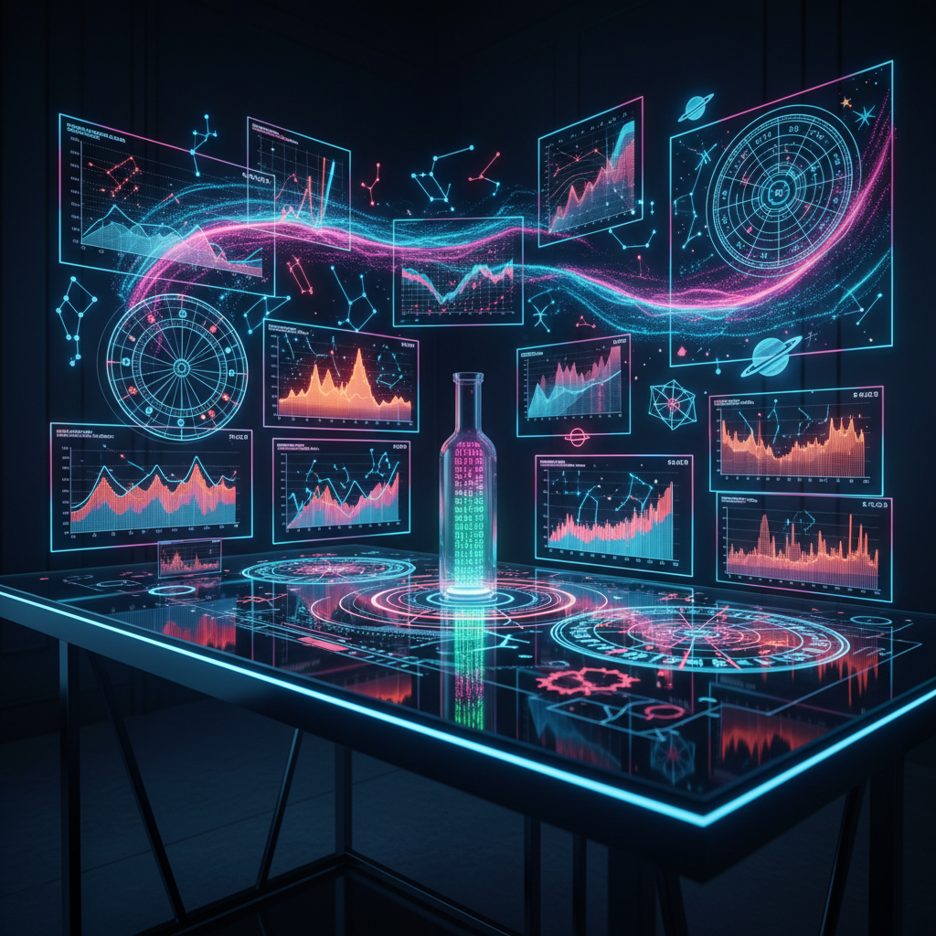 A futuristic, holographic lottery analysis desk, featuring a sleek black glass surface where glowing neon-blue and neon-pink number patterns float above projected astrological charts. Transparent 3D graphs, lucky-number heatmaps, and spinning zodiac wheels hover in layered depth, while a single clear cylindrical bottle stands in the center, internally illuminated with pulsing numerical light. The scene is lit by cool-toned, high-tech ambient light, creating clean reflections on the glass and subtle edge lighting on each hologram. Shot from a wide, slightly low angle to emphasize scale, the composition feels dynamic and high-energy. The photographic realism emphasizes sharp, crisp lines, glossy surfaces, and a playful sci‑fi atmosphere that suggests analytical yet fun lottery prediction.