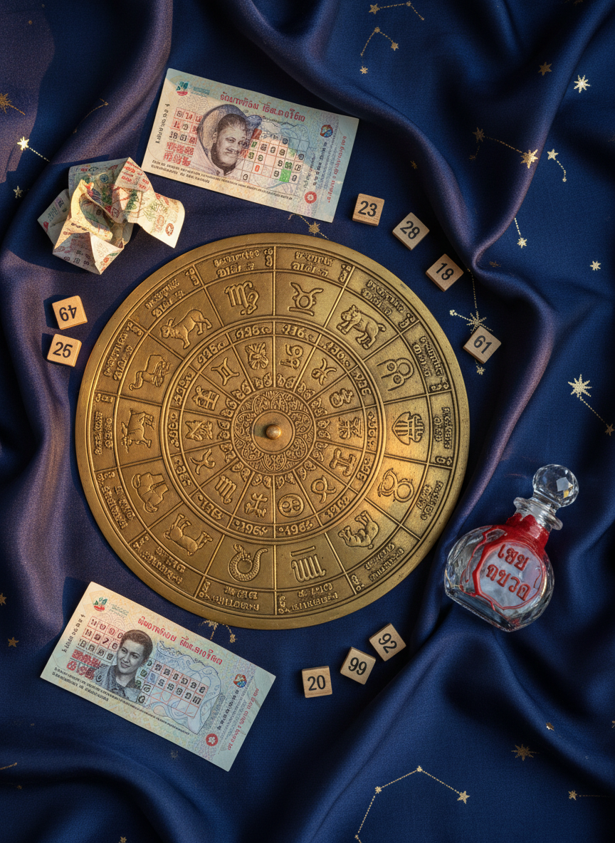 A richly detailed astrological chart wheel engraved into a circular brass plate, each segment etched with Thai zodiac signs and lucky numbers, lying flat on a deep indigo silk cloth patterned with faint constellations. Scattered around the wheel are colorful lottery tickets, numbered wooden tiles, and a small crystal bottle sealed with red wax, hinting at the name “เลขขวด.” Soft, diffused golden hour light streams from the side, grazing the metal surface and creating delicate highlights on the engravings while leaving velvety shadows in the cloth’s folds. Photographed from a top-down bird’s-eye view with sharp focus throughout, the image feels organized yet whimsical, a photographic realism that suggests thoughtful number selection and destiny intertwined.