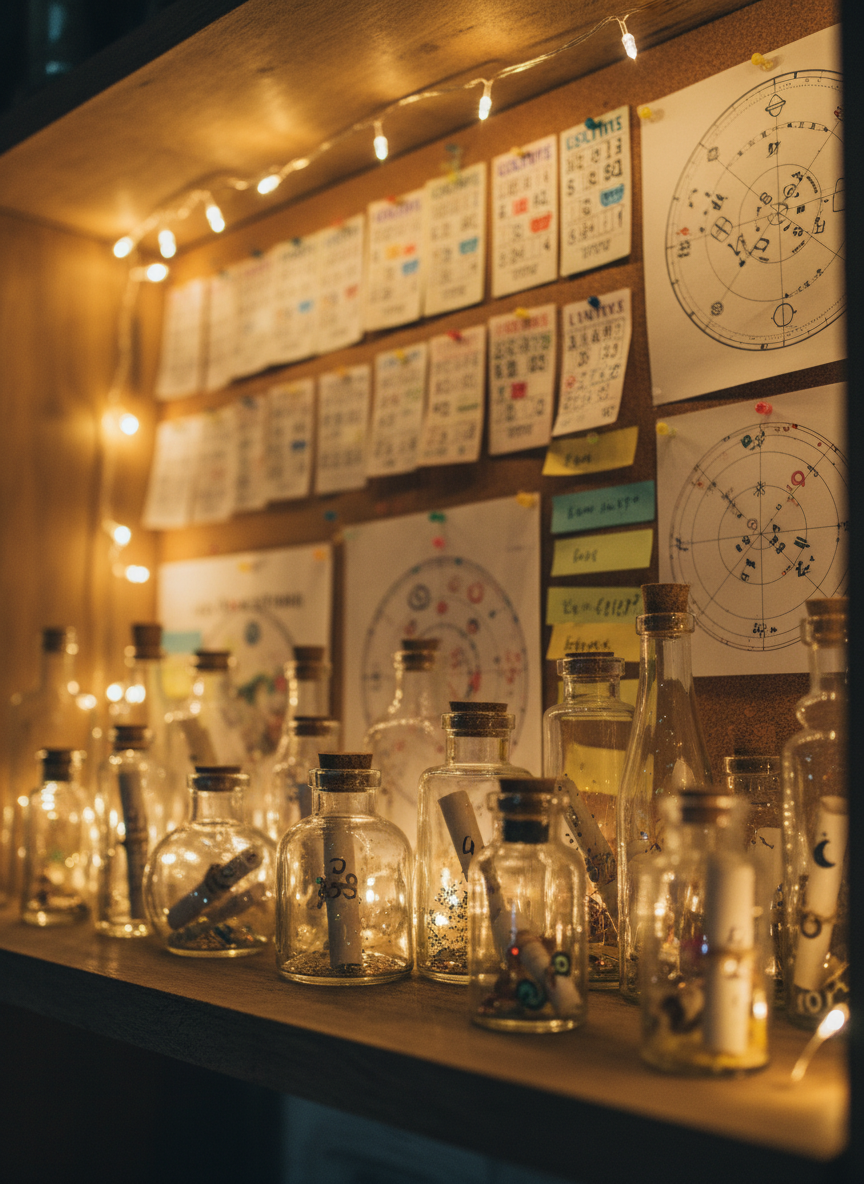 A cozy, dimly lit “lucky corner” shrine on a rustic wooden shelf, featuring a collection of tiny glass bottles of various shapes, each containing a rolled parchment with handwritten numbers, glitter, and miniature charms. Behind them, a corkboard is pinned with neatly arranged lottery tickets, color-coded sticky notes, and circular diagrams of star positions. A string of warm fairy lights drapes overhead, casting a soft, playful glow and tiny specular highlights on the bottle surfaces. Captured at a low, intimate angle with a shallow depth of field, the front row of bottles is in crisp focus while the background board gently blurs. The mood is personal, hopeful, and slightly mischievous, rendered in rich photographic detail with cozy, golden tones.